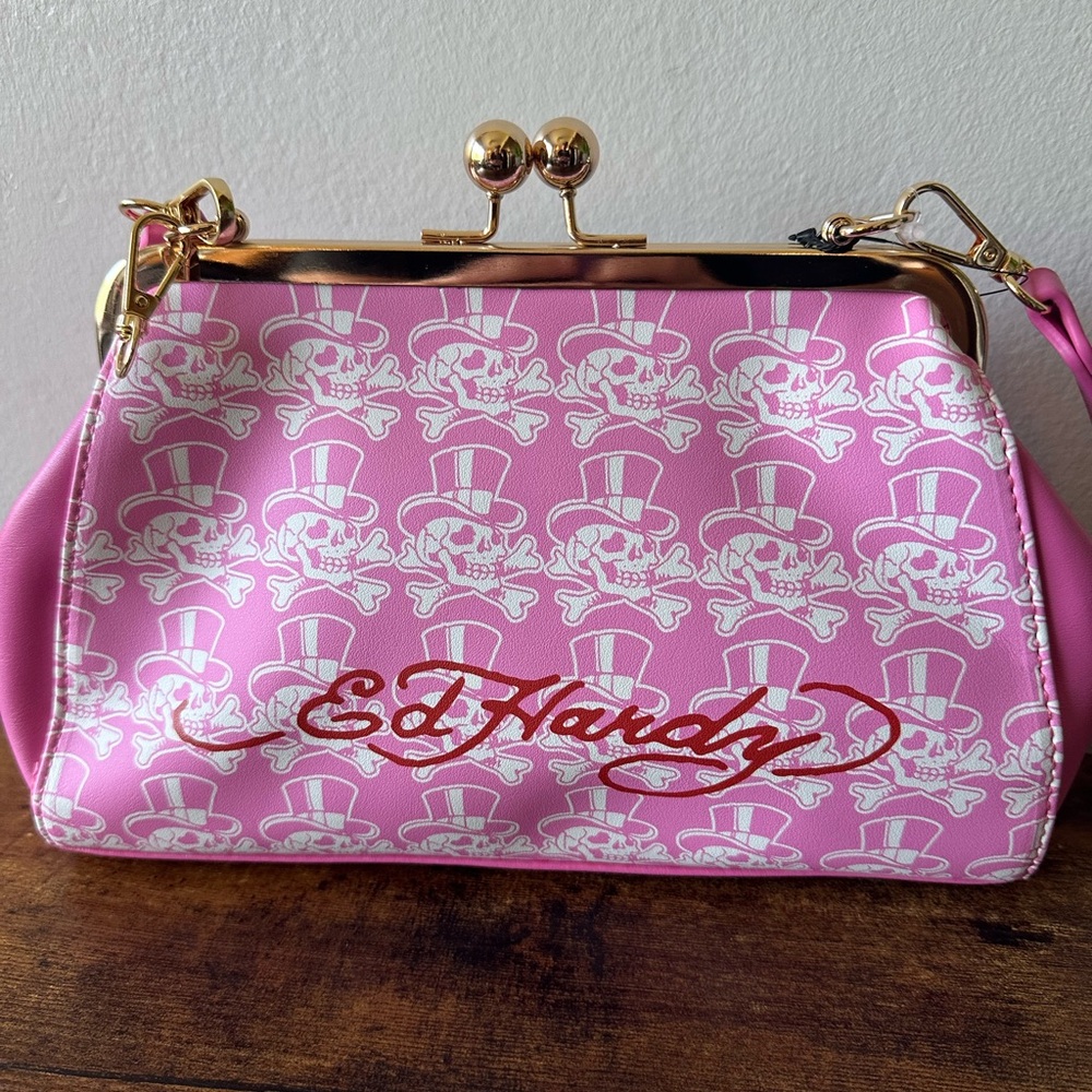 Ed Hardy Pink & Gold Graphic Clutch Handbag w/ Rhinestone Tiger & Kiss Lock NWT - Picture 6 of 9
